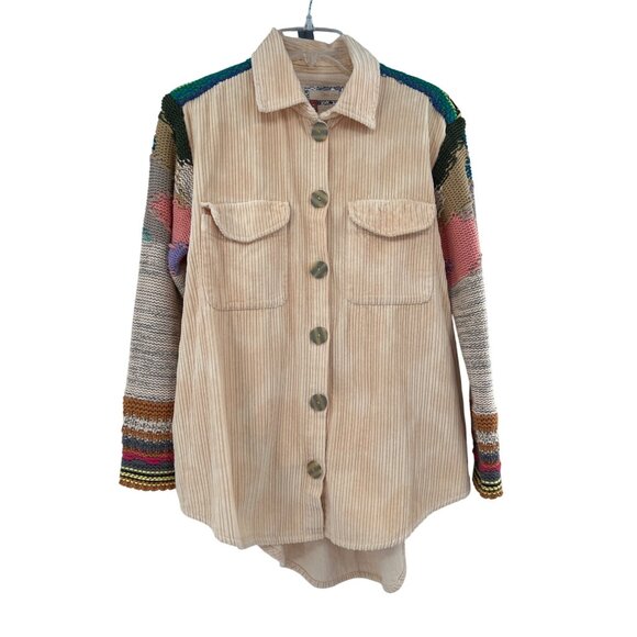 Pilcro Anthropologie Easy Going Corduroy Shirt Jacket XS Beige Knit Sleeves - Picture 1 of 8